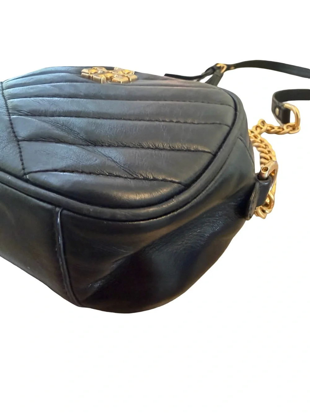 Tory Burch Black Quilted Leather Camera Crossbody with Gold Chain and Tassel